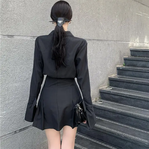 Sonicelife Black Shirt Dress Women Elegant Vintage Long Sleeve Pleated Dress Sexy Gothic Y2k Turn Down Collar Casual Mini Vestidos