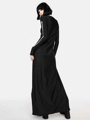 Sonicelife Halloween Dark Gothic Dress Women Streetwear Punk Y2k Skull Printed Long Sleeve O-neck Split Midi Dress Cosplay Clubwear