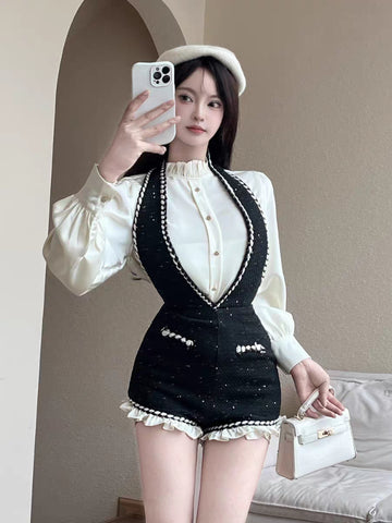 Sonicelife 2025 Autumn French Sweet Hot Girl Commuting Suit Women Halter Strap Shorts Ruffled Long Sleeve Shirt Elegant Slim 2 Piece Set