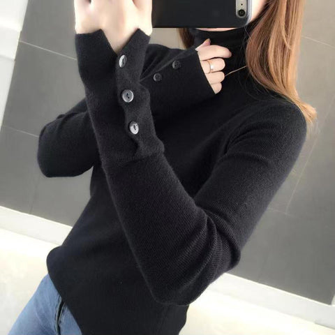 Sonicelife Women Turtleneck Solid Warm Sweater Buttons Long Sleeve Knit Basic Pullover Slim Office Jumper For Women 2024 Autumn Winter