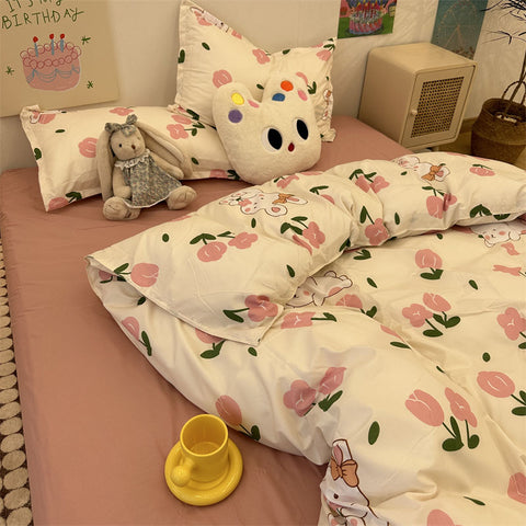 Sonicelife Floral Bedding Set Korean Style Twin Double Size Duvet Cover No Filling Pillowcases Sheet Fashion Boys Girls Gift Home Textile