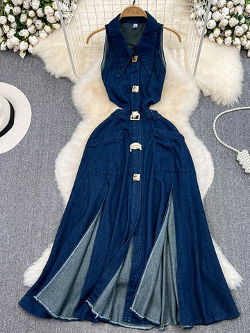 Sonicelife Hollow Out Denim Long Dress Women Slim Lapel Sleeveless Metal Buckle Multi Split Female Dresses 2024 Summer Lady Chic Streetwear