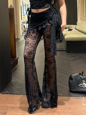 Sonicelife Gothic Dark Lace Pants Women Vintage Y2k Streetwear Emo Sexy See Through Velevt Patchwork High Waist Flare Pants Female