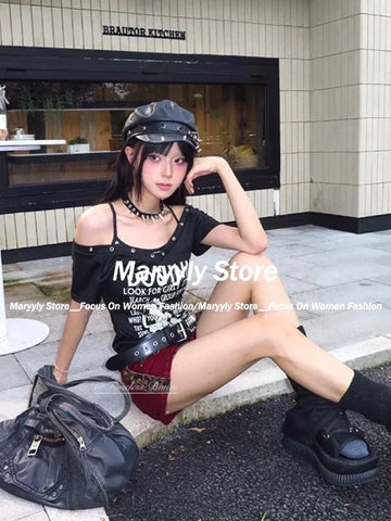 Sonicelife 2025 Summer Y2k Aesthetic Tops Two Pieces Set Women Harajuku Fairy Cropped Letter Printing V Neck T Shirts + Stripe Grunge Vest