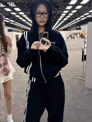 Sonicelife Harajuku Black Hoodies Women Clothing 2025 Streetwear Fashion Y2k Coats Ropa Mujer Hooded Sweatshirts Casual Zipper Hoodie Tops