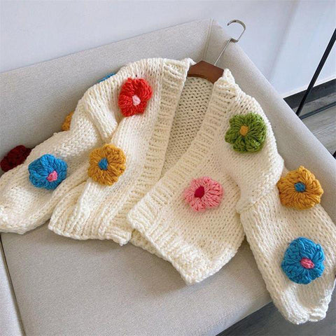 Sonicelife Harajuku Flower Knitted Cardigan Women Sweet Cute Cropped Sweater Coat Y2K Streetwear Floral Knitwear Winter Korean Jumpers Tops