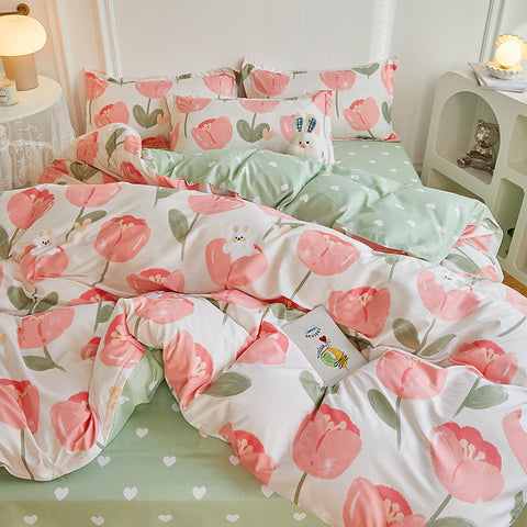Sonicelife Garden Flowers And Cute Rabbit Pattern Duvet Cover Nordic Style Full Size Bedding Sets Queen Double For Girls Gift Pink