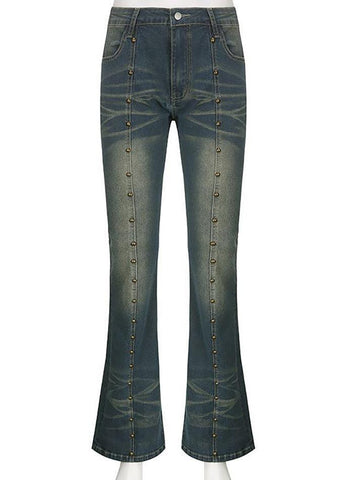 Sonicelife-Low Rise Studded Slim-Fit Washed Boot-Cut Jeans