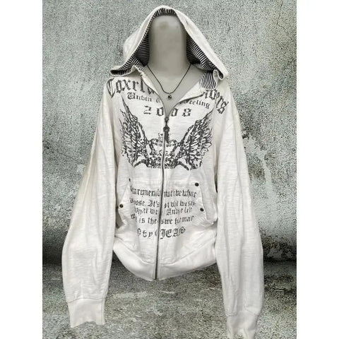 Sonicelife Vintage Sweatshirts 2025 Women's Clothes White Print Tunic Hooded Y2k Coat Streetwear Fashion Casual Hoodies Tops Ropa Mujer