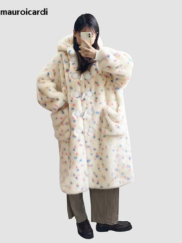 christmas outfit Sonicelife Winter Long Oversized Colorful Cute Sweet Faux Fur Coat Women with Hood Horn Buttons Fluffy Furry Overcoat 2025