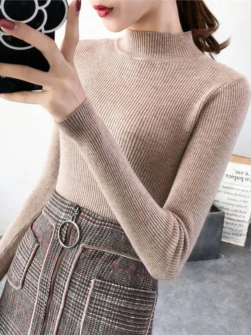 Sonicelife Mock Neck Women Sweater Vintage Basic Solid Knitted Tops Casual Slim Pullover Autumn Winter Korean Tops Simple Chic Jumpers