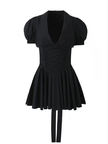 Sonicelife-Lace Up Doll Collar Short Dress