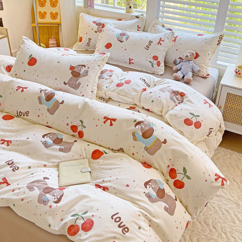 Sonicelife Cute Dog Bedding Set New Design Girls Ins Duvet Cover with Zipper No Filler Flat Sheet Pillowcase Queen Size Bed Linens