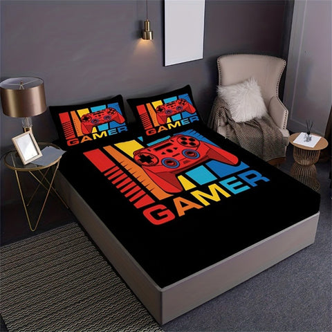 Sonicelife Games Print Fitted Sheet Set Soft Home Textile Comfortable Breathable Gamepad Bedding Set for Bedroom Guest Room