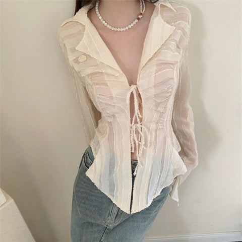 Sonicelife Sexy Lace Up Women Blouse Long Sleeve Spring New Turn-Down Collar Shirt White Y2K Korean Fashion Ladies Tops