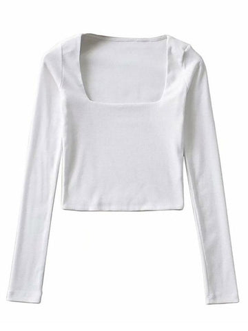 Sonicelife-Long-Sleeve Square Neck Plain Cropped T-Shirt