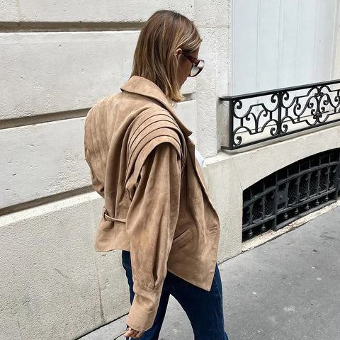 christmas outfit Sonicelife Women High Street Leather Jacket 2025 Autumn Winter Versatile Brown Long Sleeves V-neck Lace-up Coats Causal Chic Female Outwear