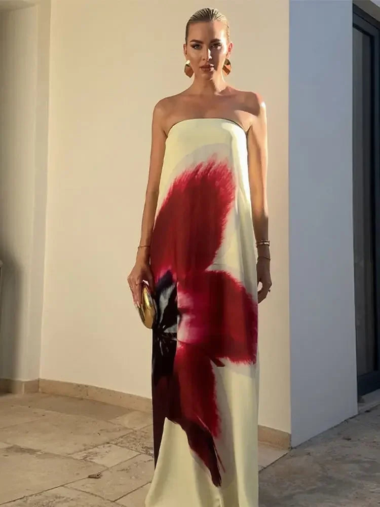 Sonicelife 2025 New Floral Printed Strapless Loose Robes Women Sexy Off Shoulder Sleeveless Backless Maxi Dress Fashion Lady Party Vestidos