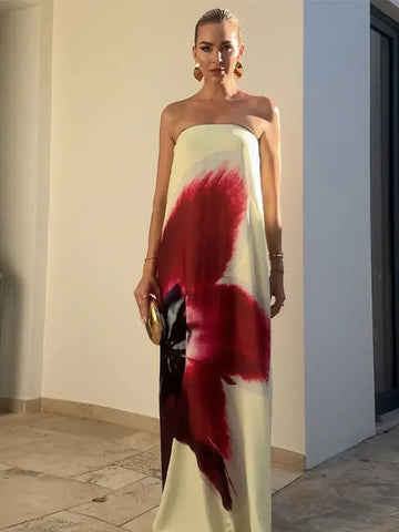 Sonicelife 2025 New Floral Printed Strapless Loose Robes Women Sexy Off Shoulder Sleeveless Backless Maxi Dress Fashion Lady Party Vestidos