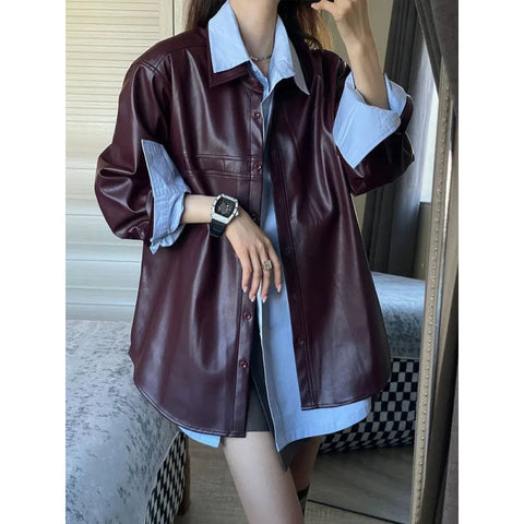 thanksgiving outfit Sonicelife 2024 Spring New Style Korean Matching Loose-Fit Medium-Length Leather Jacket Elegant Shirt Top 2-piece Set Women's Suit