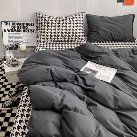 Sonicelife Checkerboard Bedding Sets Solid Color Fashion Single Double Queen Size Duvet Cover Flat Sheet Pillowcases Hotel Home Bed Linen