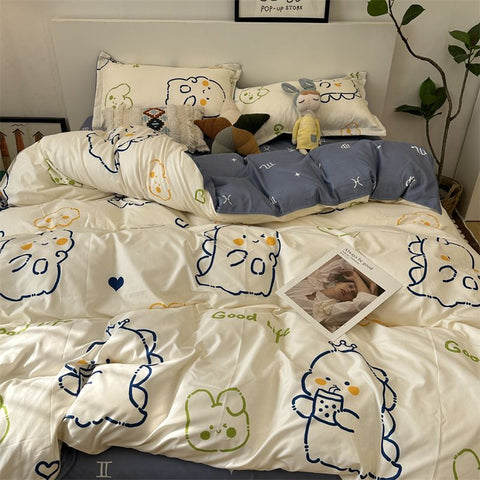 Sonicelife Cute Rabbit Bedding Set Flat Sheet Duvet Cover Pillowcases Single Double Queen Size Bed Linen Boys Girls Home Textile