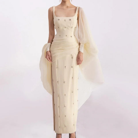 Sonicelife Customized Elegant Jersey Pleat Sequined A-line Square Neck Midi Dresses Evening Dresses Classic Exquisite Modern Style Pastrol (PRE-ORDER)