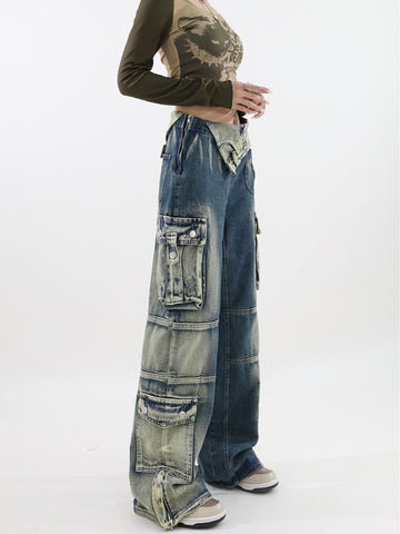 christmas outfit Sonicelife Women's Wide Cargo Jeans Fashion 90s Aesthetic High Waist Denim Trousers Harajuku Korean Baggy Jeans Pants Grunge 2000s Clothes