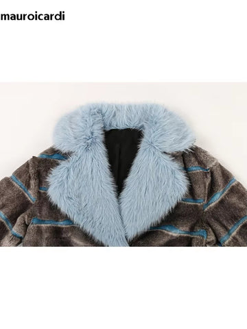 christmas outfit Sonicelife Nerazzurri Autumn Winter Long Thick Warm Blue Striped Patchwork Faux Fur Coat Women Loose Casual Luxury Chic Korean Fashion 2025