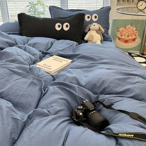 Sonicelife Ins Grey Cartoon Big Eye Solid Color Bedding Set Girls Boys Double Size Flat Sheet Duvet Cover Pillowcase Bed Linen Home Textile