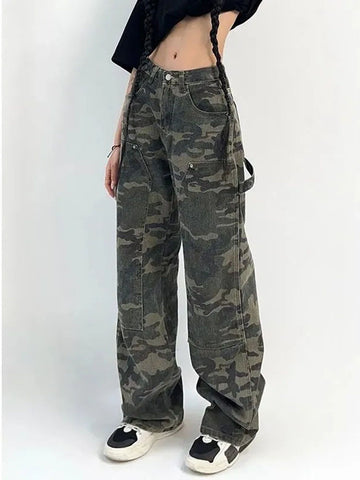 Sonicelife Camouflage Cargo Pants Women Y2K Streetwear Low Rise Jeans Retro Wide Leg Trousers Denim Straight Trousers Harajuku