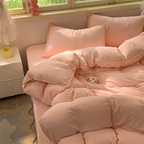 Sonicelife Ins Style Pink Solid Color Bedding Sheet Nordic Duvet Cover Set Hot Sale Home Luxury Bedding Set Bed Sheet Comfortable Bedspread