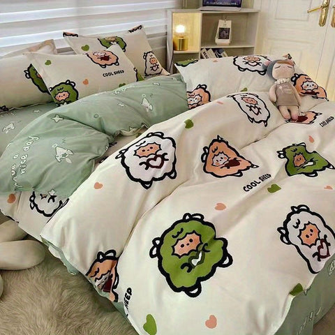 Sonicelife Korean Style Cartoon Sheep Bedding Set Girls Kids Twin Full Queen Size Bed Flat Sheet Duvet Cover Pillowcases Bed Linen Kawaii