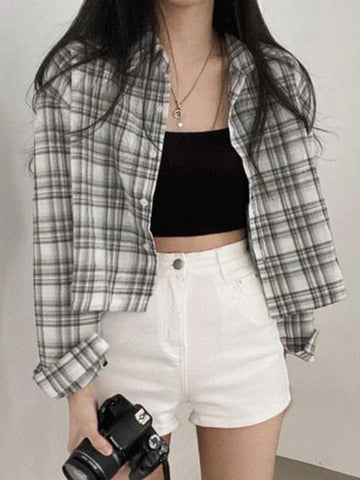 Sonicelife Vintage Plaid Short Loose Long Sleeve Blouse