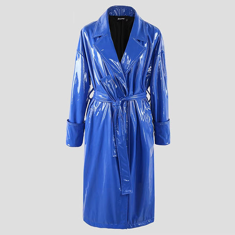 christmas outfit Sonicelife Spring Autumn Long Waterproof Oversized Shiny Reflective Soft Thin Flowy Blue PVC Leather Trench Coat for Women 2025