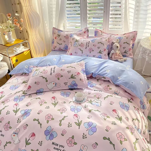 Sonicelife Korean Pink Rose Duvet Cover Set Soft Green Flat Sheet Quilt Cover Pillowcase Bed Linen Twin Queen Full Size Floral Bedding Set