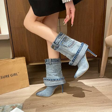 Sonicelife 2024 Women's Autumn/Winter Denim Fine High Heel Skirt Boots Fashion Pointed Large Women's Four Seasons Short Boots