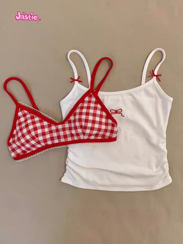 Sonicelife Bow Embroidery White Sweet Women Camis With Plaid Bras Cotton Blend Chic Spicy Girls Y2K Tank Tops Tight Sexy Two Piece Crop Top