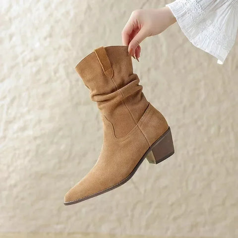 Sonicelife 2025 New Mid-Calf Women's Boots Fashion Slip-on Modern Boots  Hot Sale Round Toe Square Heel Shoes