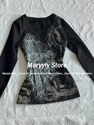 Sonicelife Gothic Vintage Print Long Sleeve T Shirts Women Clothes Harajuku Diamond Black Tees Bandage Casual Fashion T-shirt Y2k Tops New