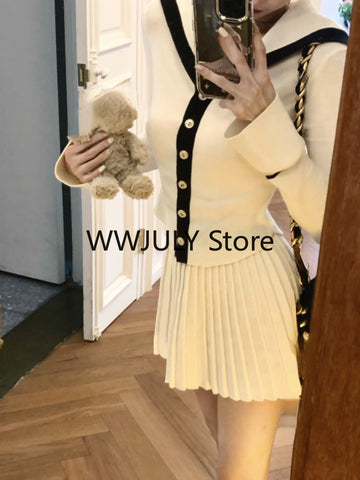 Sonicelife Korea Fashion Knitted Suit Office Lady 2025 Autumn Button Casual Sweater Tops Slim Y2k Mini Skirt Party Elegant 2 Piece Set Chic