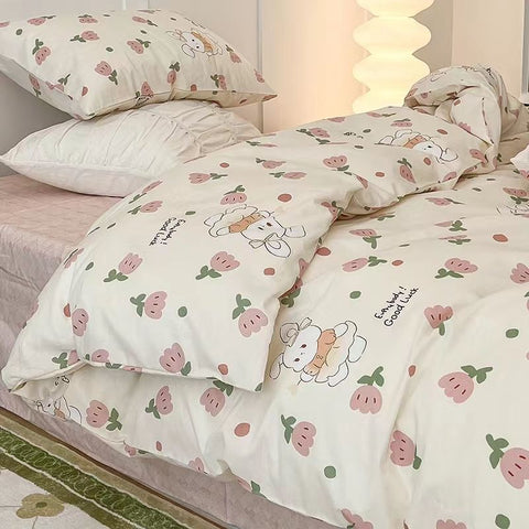 Sonicelife Romantic Bedding Set Floral Ins Style Duvet Cover Flat Sheet with Pillowcases Single Queen Full Size Boys Girls Korean Bed Linen