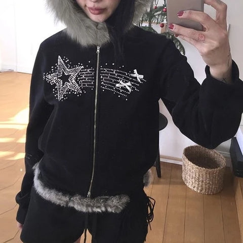 Sonicelife Streetwear Zip Hoodie Fleece Hat Solid Color Embroidered Sequins Y2K Women Hip Hop Retro Harajuku Punk Cropped Hoodie Sweatshirt