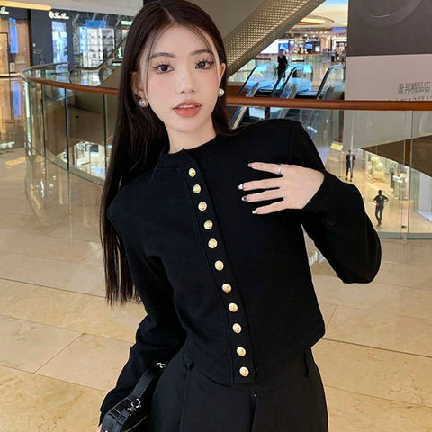 Sonicelife Black Sweet Women Crop Cardigan Korean Fashion Slim Long Sleeve Button Tops Autumn New Casual All Match Female White Blouse Top