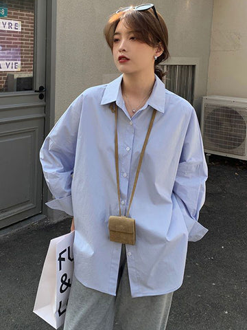 Sonicelife Preppy Style Women Harajuku Shirt New Korean Fashion Loose Chic Blouse Autumn All Match Long Sleeve Design Lady Blue Tops