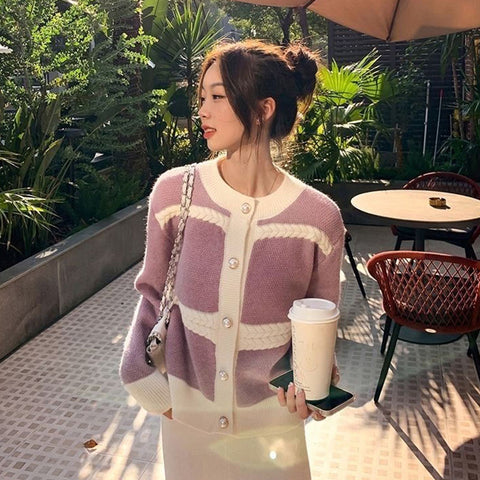 Sonicelife Elegant Buttons Purple Cardigan Sweaters Women Casual Lazy Wind Soft Sweet Knitted Coats Fashion Patchwork Lady O Neck Tops