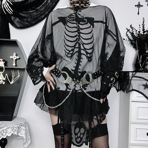 Sonicelife American Y2K Gothic Skull Lace Cape T-Shirt Women Retro Punk Street Loose Hollow Hot Girl Outerwear Halloween Festival Party Top