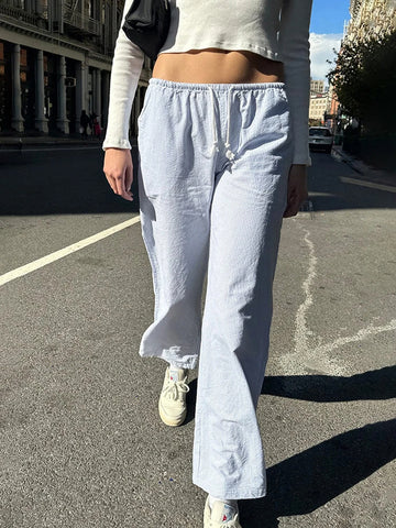 Sonicelife Sweet Pink Striped Drawstring Wide Leg Pants Women Casual High Waist Simple Streetwear Cotton Bottoms Vintage Y2K Loose Trousers