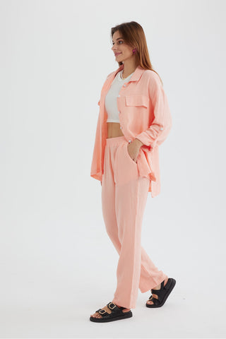 Sonicelife-Long Sleeve Pocketed Slit Shirt Long Pants Suits