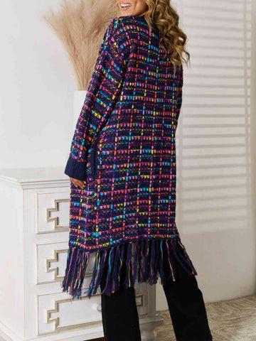 Sonicelife-Boho Multicolor Fringe Hem Longline Cardigan